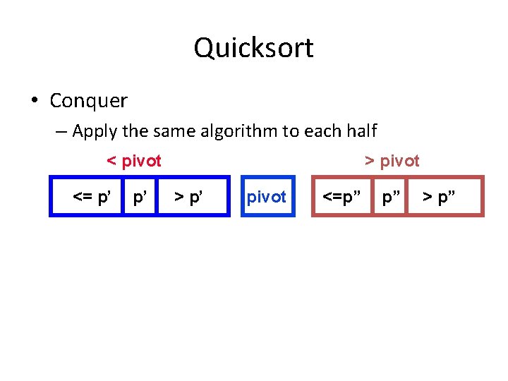 Quicksort • Conquer – Apply the same algorithm to each half < pivot <=