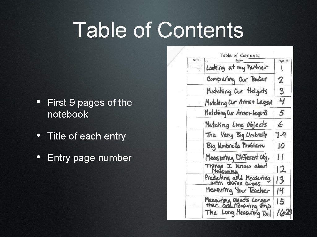 Table of Contents • First 9 pages of the notebook • Title of each