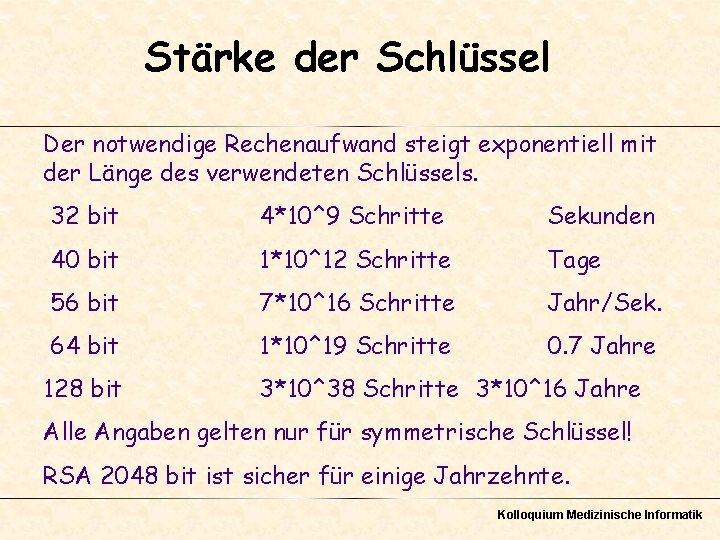 Stärke der Schlüssel Der notwendige Rechenaufwand steigt exponentiell mit der Länge des verwendeten Schlüssels.