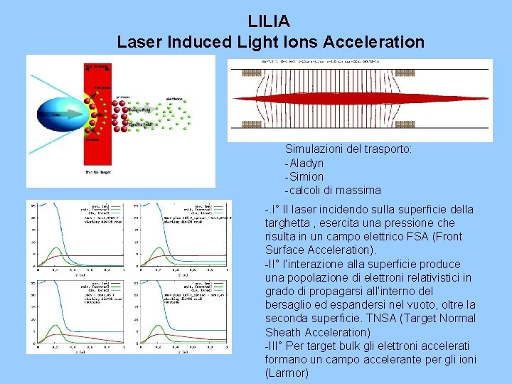 LILIA Laser Induced Light Ions Acceleration Simulazioni del trasporto: -Aladyn -Simion -calcoli di massima