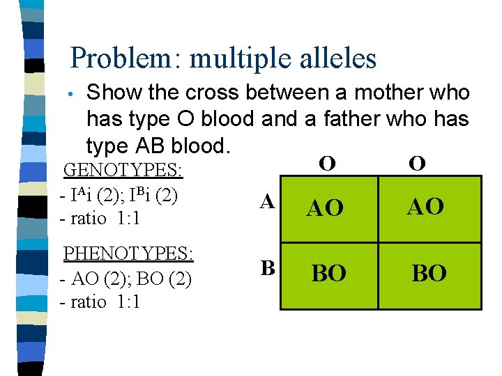 Problem: multiple alleles Show the cross between a mother who has type O blood