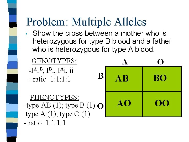 Problem: Multiple Alleles • Show the cross between a mother who is heterozygous for