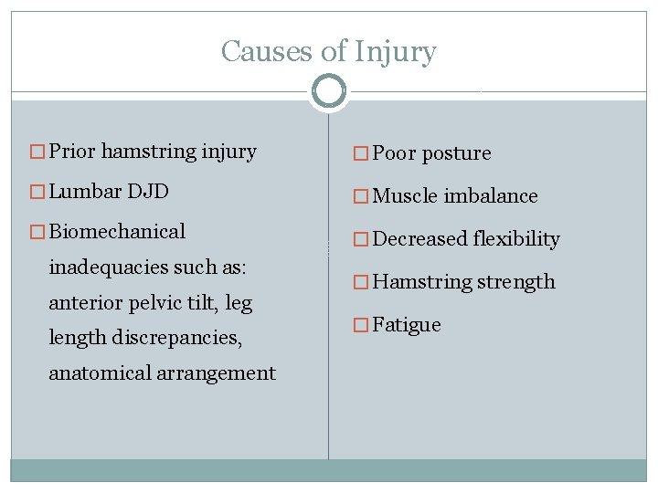 Causes of Injury � Prior hamstring injury � Poor posture � Lumbar DJD �