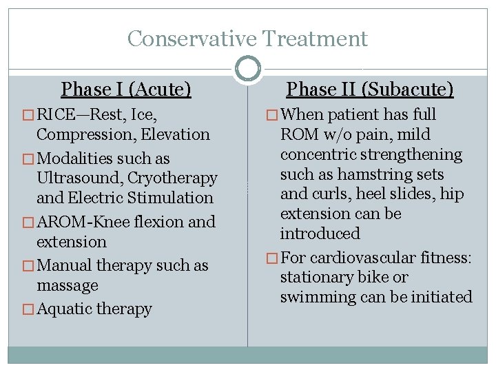 Conservative Treatment Phase I (Acute) Phase II (Subacute) � RICE—Rest, Ice, � When patient