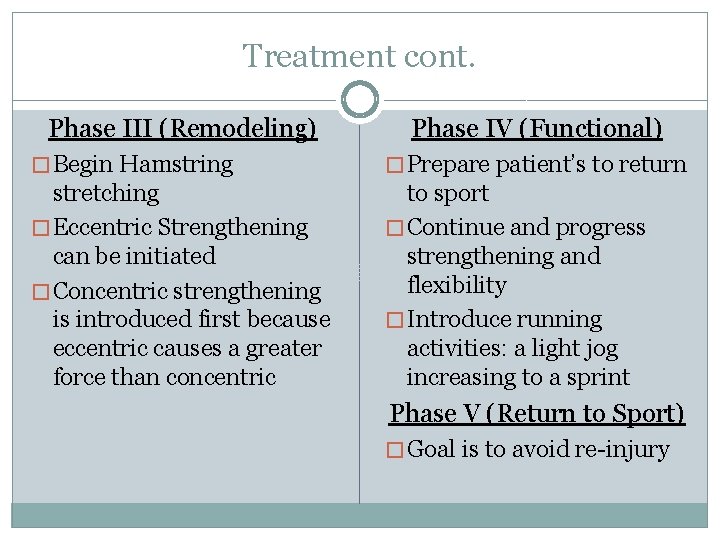 Treatment cont. Phase III (Remodeling) Phase IV (Functional) � Begin Hamstring � Prepare patient’s