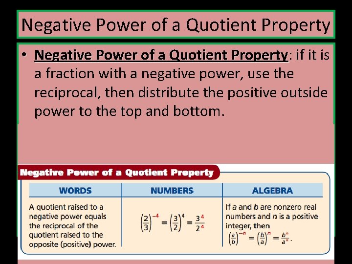 Negative Power of a Quotient Property • Negative Power of a Quotient Property: Property