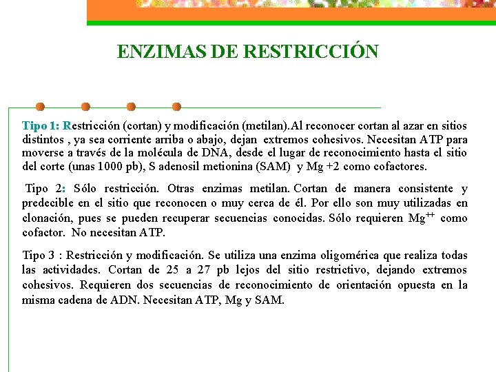 ENZIMAS DE RESTRICCIÓN Tipo 1: Restricción (cortan) y modificación (metilan). Al reconocer cortan al