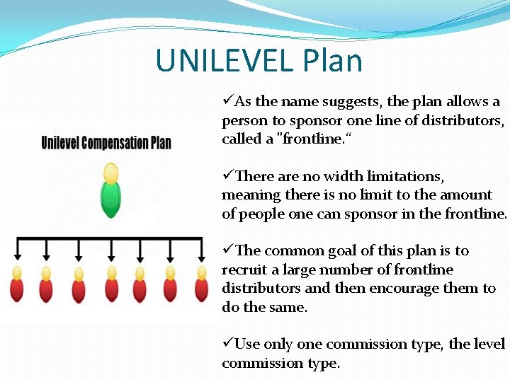 UNILEVEL Plan üAs the name suggests, the plan allows a person to sponsor one