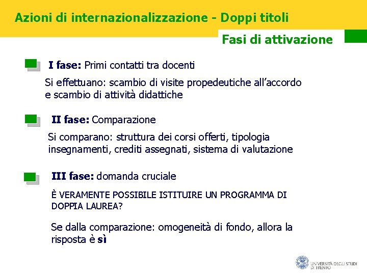 Azioni di internazionalizzazione - Doppi titoli Fasi di attivazione I fase: Primi contatti tra