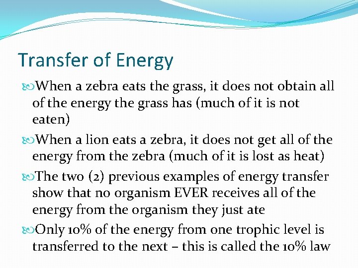 Transfer of Energy When a zebra eats the grass, it does not obtain all