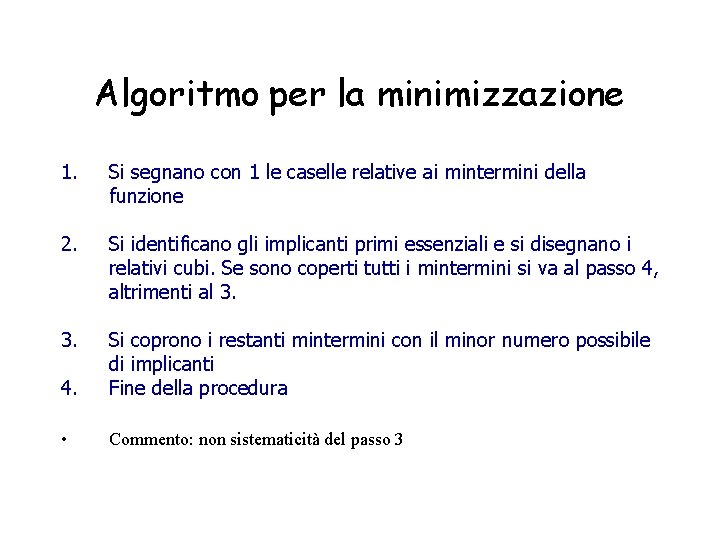 Algoritmo per la minimizzazione 1. Si segnano con 1 le caselle relative ai mintermini