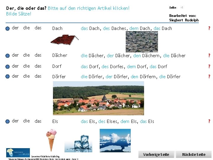 Übungsart: Der, die oder das? Bitte auf den richtigen Artikel klicken! Bilde Sätze! Seite: