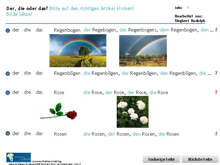 Übungsart: Der, die oder das? Bitte auf den richtigen Artikel klicken! Bilde Sätze! Seite: