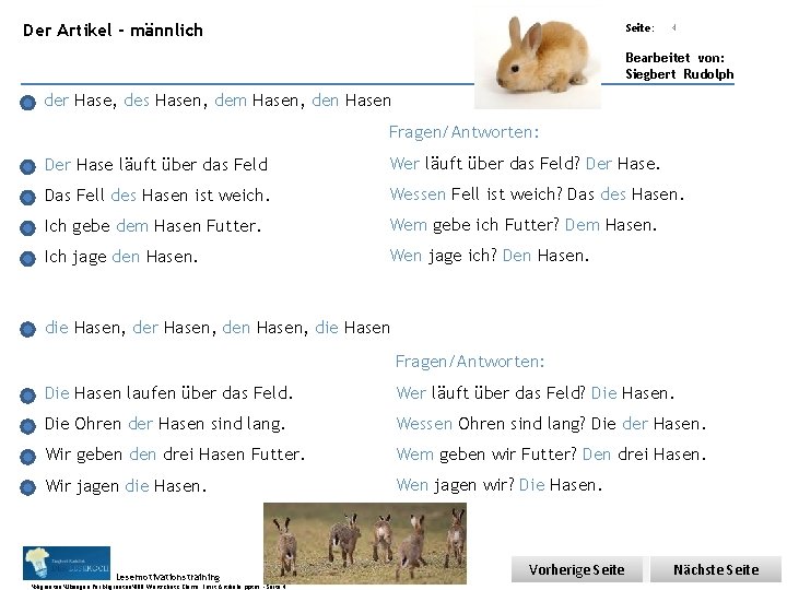 Übungsart: Der Artikel - männlich Seite: 4 Bearbeitet von: Siegbert Rudolph der Hase, des