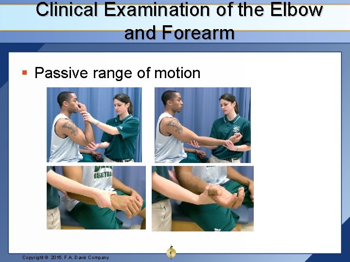 Clinical Examination of the Elbow and Forearm § Passive range of motion Copyright ©