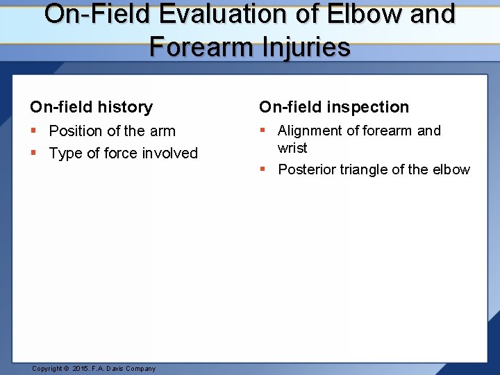 On-Field Evaluation of Elbow and Forearm Injuries On-field history On-field inspection § Position of