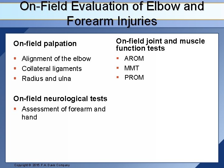 On-Field Evaluation of Elbow and Forearm Injuries On-field palpation On-field joint and muscle function