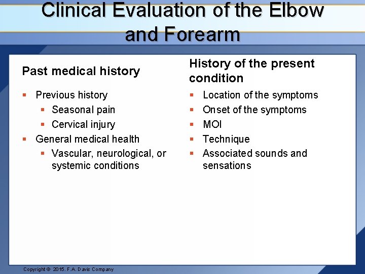 Clinical Evaluation of the Elbow and Forearm Past medical history § Previous history §