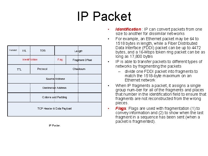 IP Packet • • • Identification : IP can convert packets from one size
