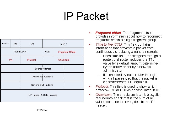 IP Packet • • Fragment offset: The fragment offset provides information about how to
