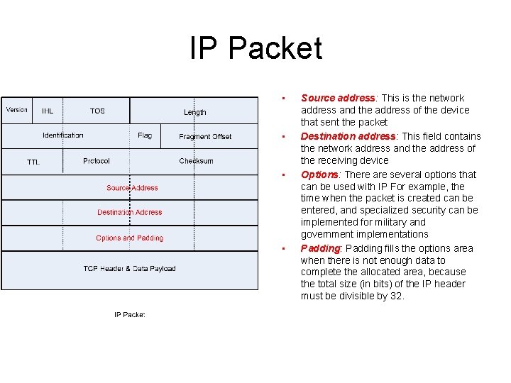 IP Packet • • Source address: This is the network address and the address