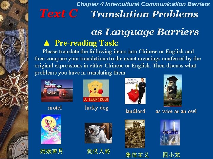 Chapter 4 Intercultural Communication Barriers Text C Translation Problems as Language Barriers ▲ Pre-reading