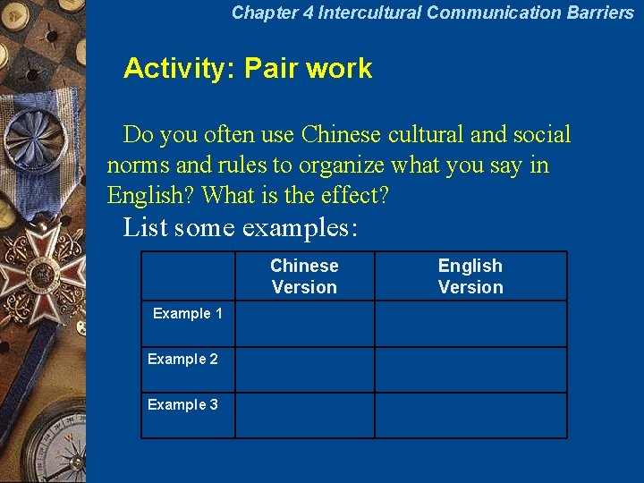 Chapter 4 Intercultural Communication Barriers Activity: Pair work Do you often use Chinese cultural