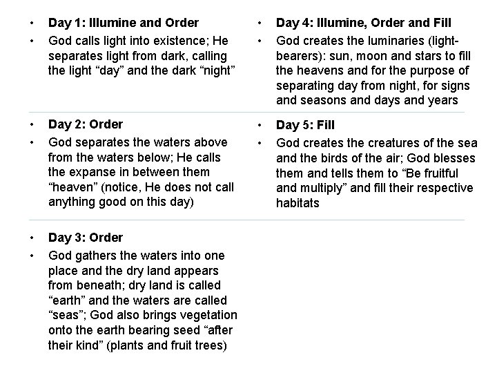  • • Day 1: Illumine and Order God calls light into existence; He