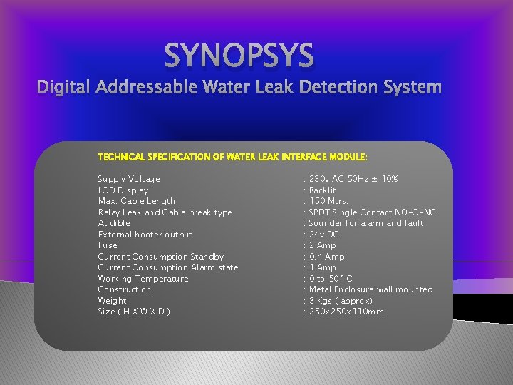 SYNOPSYS Digital Addressable Water Leak Detection System TECHNICAL SPECIFICATION OF WATER LEAK INTERFACE MODULE: