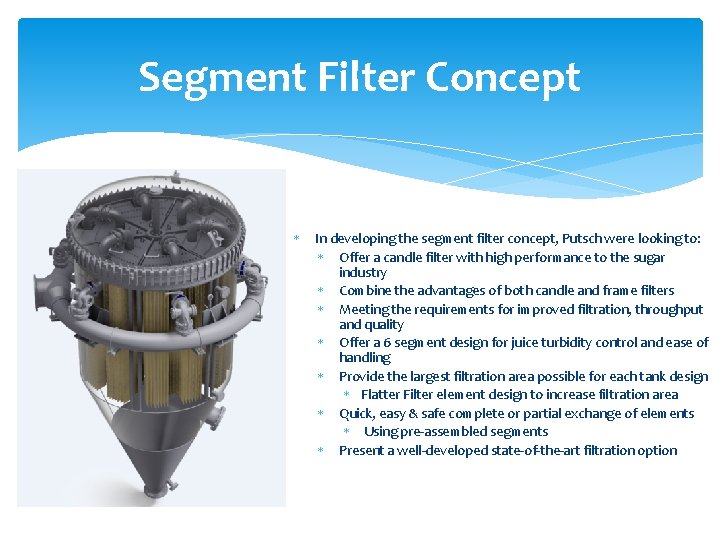 Segment Filter Concept In developing the segment filter concept, Putsch were looking to: Offer