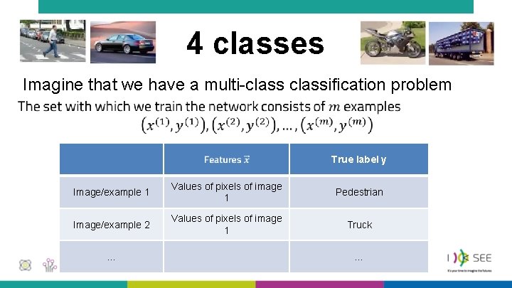 4 classes Imagine that we have a multi-classification problem • True label y Image/example