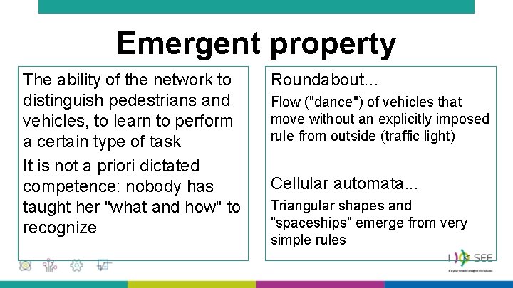 Emergent property The ability of the network to distinguish pedestrians and vehicles, to learn