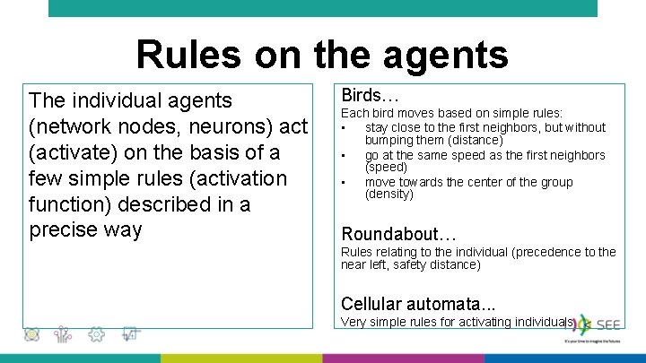 Rules on the agents The individual agents (network nodes, neurons) act (activate) on the