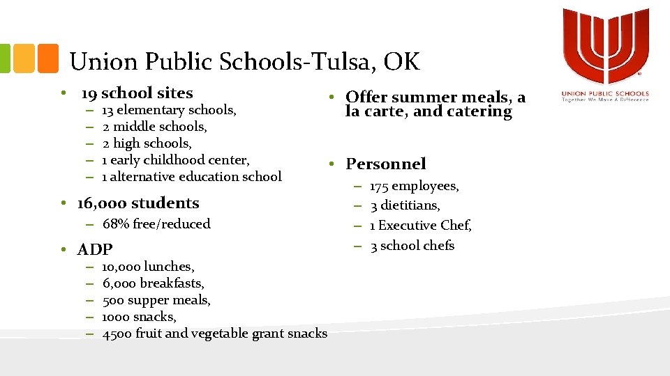 Union Public Schools-Tulsa, OK • 19 school sites – – – 13 elementary schools,