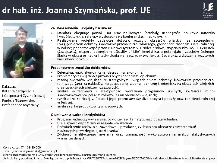 dr hab. inż. Joanna Szymańska, prof. UE Zdjęcie Katedra: Katedra Zarządzania i Gospodarki Żywnościowej