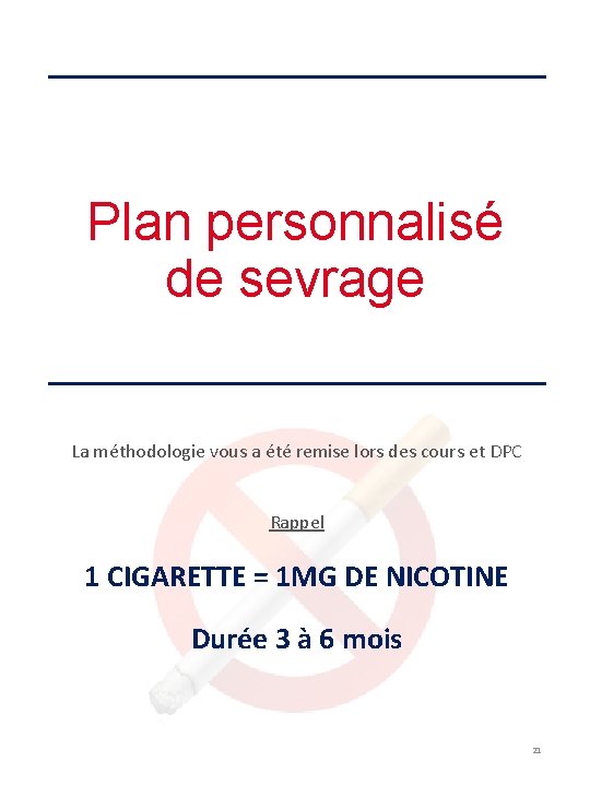 Plan personnalisé de sevrage La méthodologie vous a été remise lors des cours et