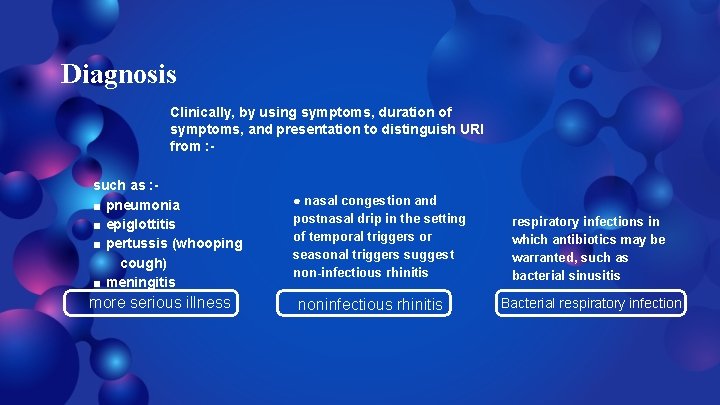 Diagnosis Clinically, by using symptoms, duration of symptoms, and presentation to distinguish URI from