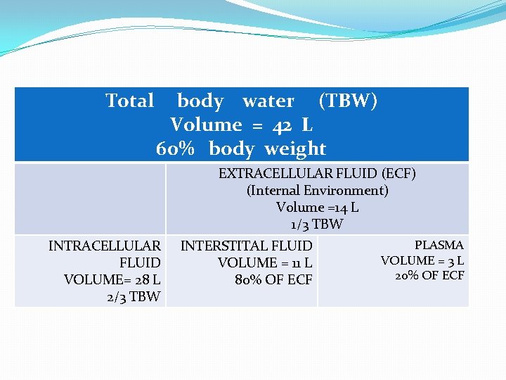 Total body water (TBW) Volume = 42 L 60% body weight EXTRACELLULAR FLUID (ECF)