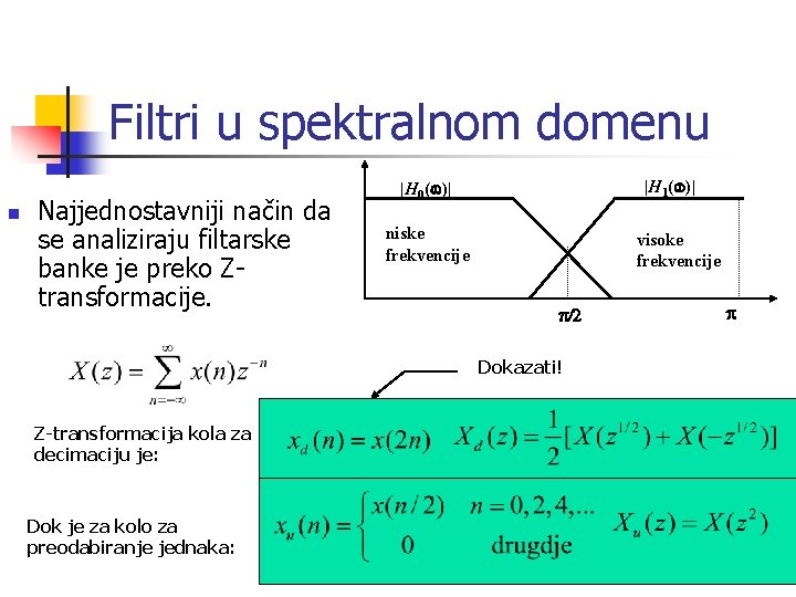 Filtri u spektralnom domenu n Najjednostavniji način da se analiziraju filtarske banke je preko