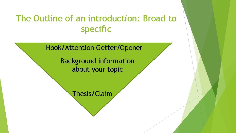 The Outline of an introduction: Broad to specific Hook/Attention Getter/Opener Background information about your