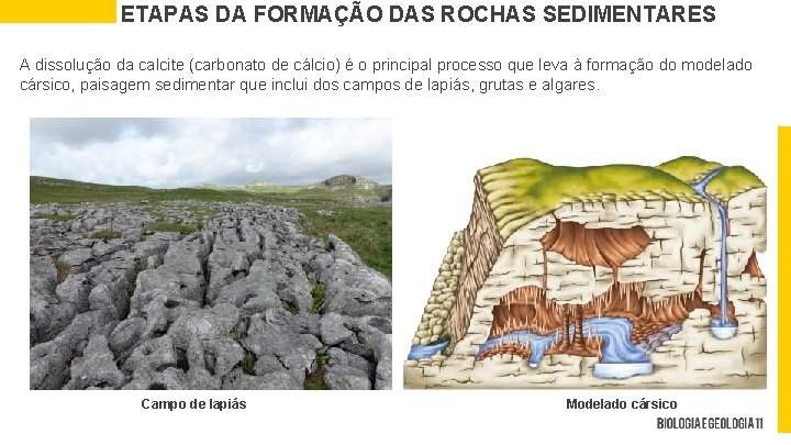 ETAPAS DA FORMAÇÃO DAS ROCHAS SEDIMENTARES A dissolução da calcite (carbonato de cálcio) é