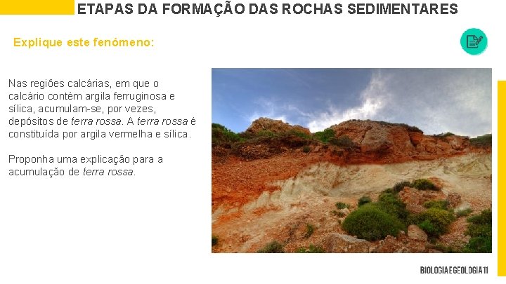 ETAPAS DA FORMAÇÃO DAS ROCHAS SEDIMENTARES Explique este fenómeno: Nas regiões calcárias, em que