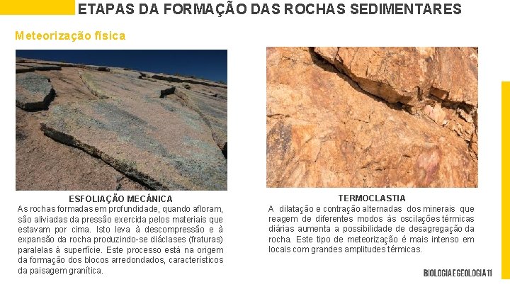 ETAPAS DA FORMAÇÃO DAS ROCHAS SEDIMENTARES Meteorização física ESFOLIAÇÃO MEC NICA As rochas formadas