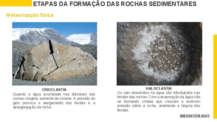ETAPAS DA FORMAÇÃO DAS ROCHAS SEDIMENTARES Meteorização física CRIOCLASTIA Quando a água acumulada nas