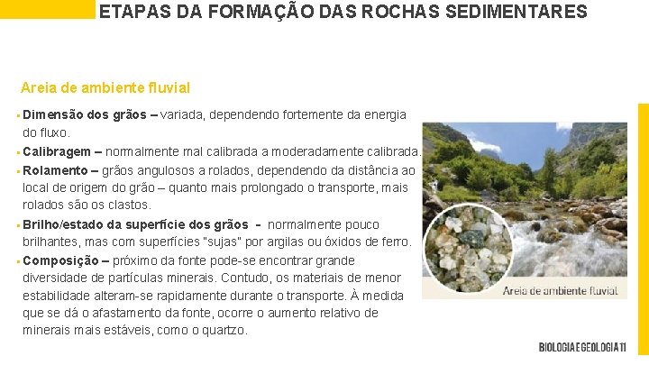 ETAPAS DA FORMAÇÃO DAS ROCHAS SEDIMENTARES Areia de ambiente fluvial § Dimensão dos grãos