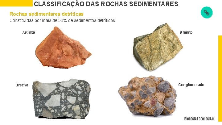 CLASSIFICAÇÃO DAS ROCHAS SEDIMENTARES Rochas sedimentares detríticas Constituídas por mais de 50% de sedimentos