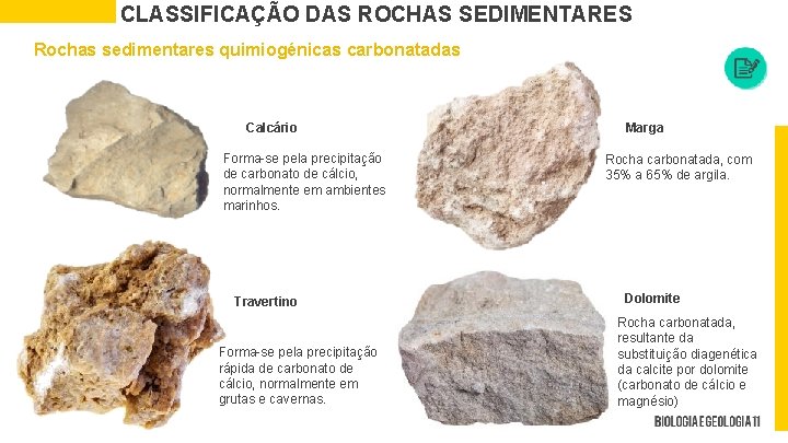CLASSIFICAÇÃO DAS ROCHAS SEDIMENTARES Rochas sedimentares quimiogénicas carbonatadas Calcário Forma-se pela precipitação de carbonato