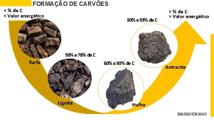 FORMAÇÃO DE CARVÕES < % de C < Valor energético 90% a 93% de
