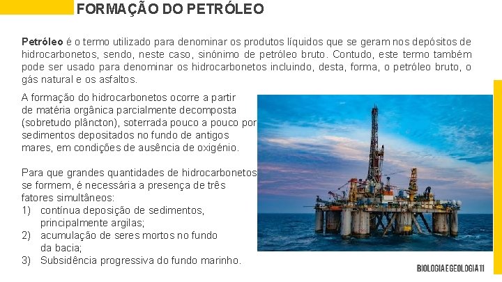 FORMAÇÃO DO PETRÓLEO Petróleo é o termo utilizado para denominar os produtos líquidos que