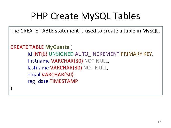PHP Create My. SQL Tables The CREATE TABLE statement is used to create a